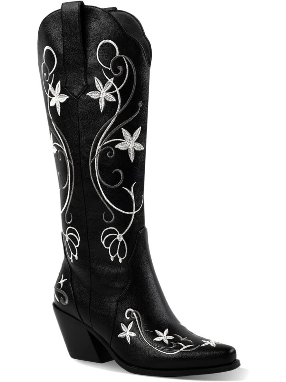 Women's Black Floral Embroidered Knee High Western Boots with Side Zipper